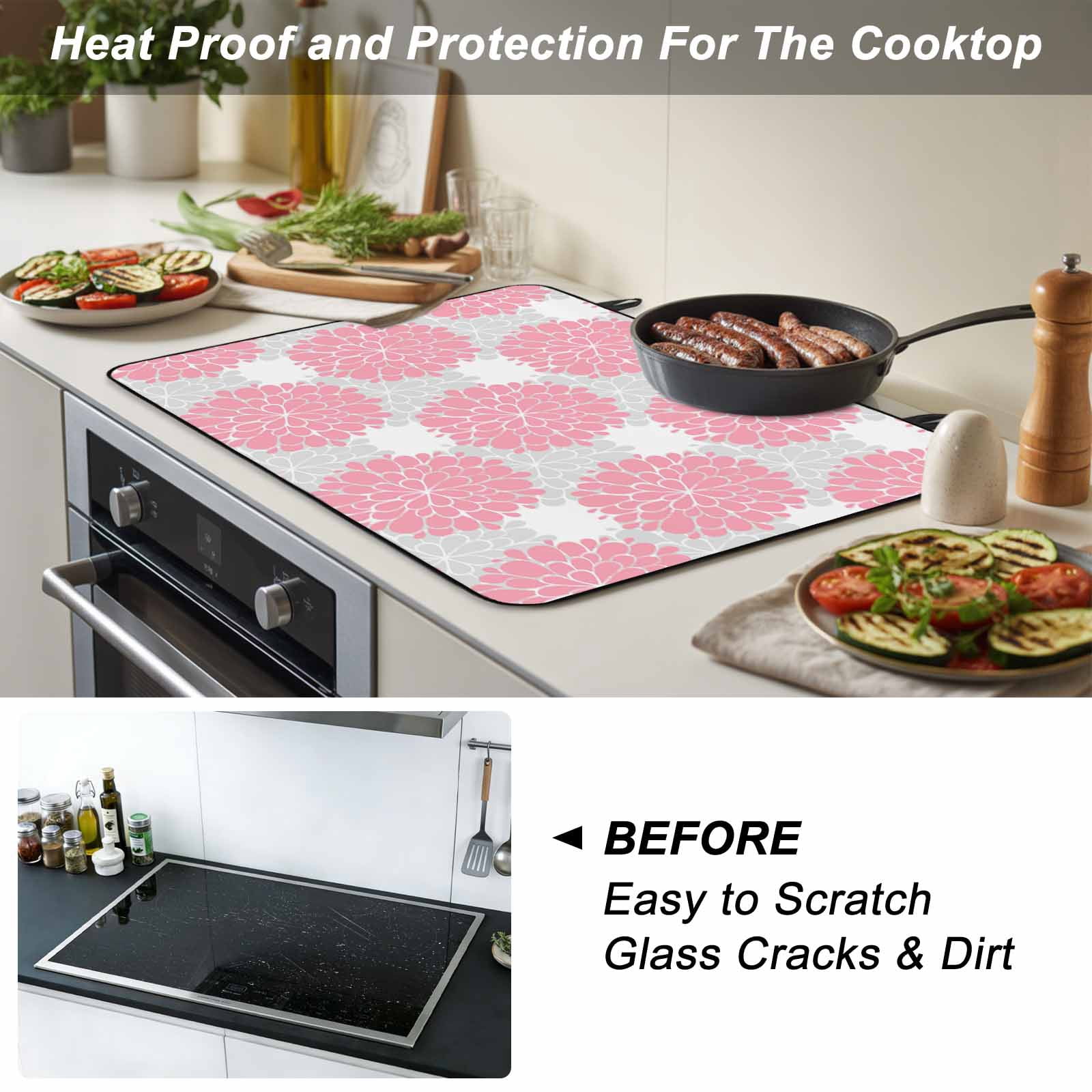 Pink Dahlia Stove Top Cover for Electric Stove, Heat-proof & Non Slip Glass Top Stove Cover Protector, Farmhouse Abstract Grey Floral Patterned Kitchen Flat Cooktop Rubber Mat 24x21 Inches