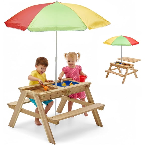 Plum® Surfside Wooden Sand and Water Table with Umbrella - Outdoor Kids Picnic Table with Adjustable Parasol and Removable Tabletop, Toddler Sensory Toys, Sturdy, Weatherproof, Easy to Clean, Ages 2