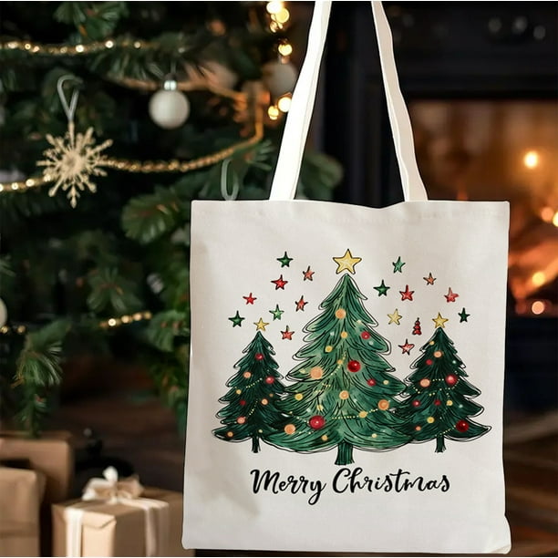 Bolsa de lona navideña | Bolsa reutilizable para regalos y compras | Tamaño grande: 58 x 39 cm | Colores verde, rojo y blanco | Ideal para fiestas y viajes diarios