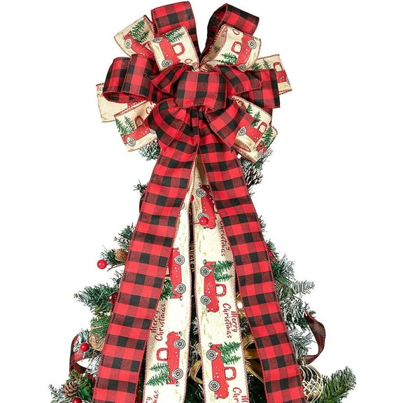 Sinkoo Christmas Tree Topper, 4.8ft Extra Large Buffalo Plaid Burlap Bows for Xmas Tree Toppers Wreath Birthday Wedding Home Holiday Party Decor Gifts