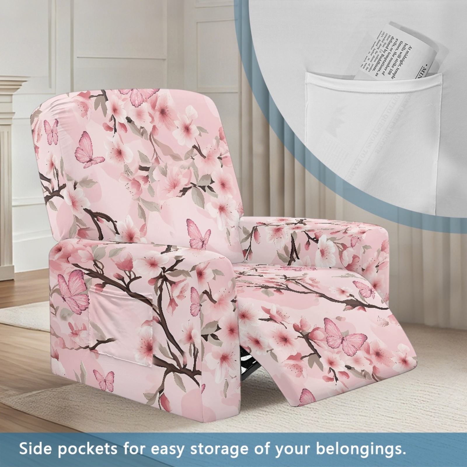 Xoenoiee Butterfly Cherry Blossom Print Recliner Cover with Pockets 4-Pieces Reclining Slipcover Lazy Boy Recliner Armchair Cover with Elastic Bottom for Recliner Furniture Protector for Kid Pet