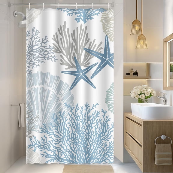 Stall Small Shower Curtain - Nautical Beach Ocean Coastal Blue Seashell Starfish Coral Summer Tropical Narrow Half Fabric Cloth Bath Shower Curtain Set with 12 Hooks Bathroom Decor, 36"x72"