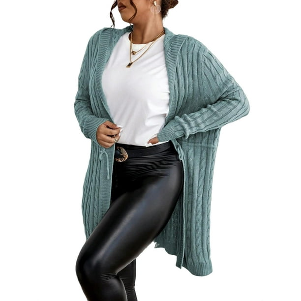 Cárdigan informal liso con capucha, manga larga, color azul menta, talla grande (para mujer)