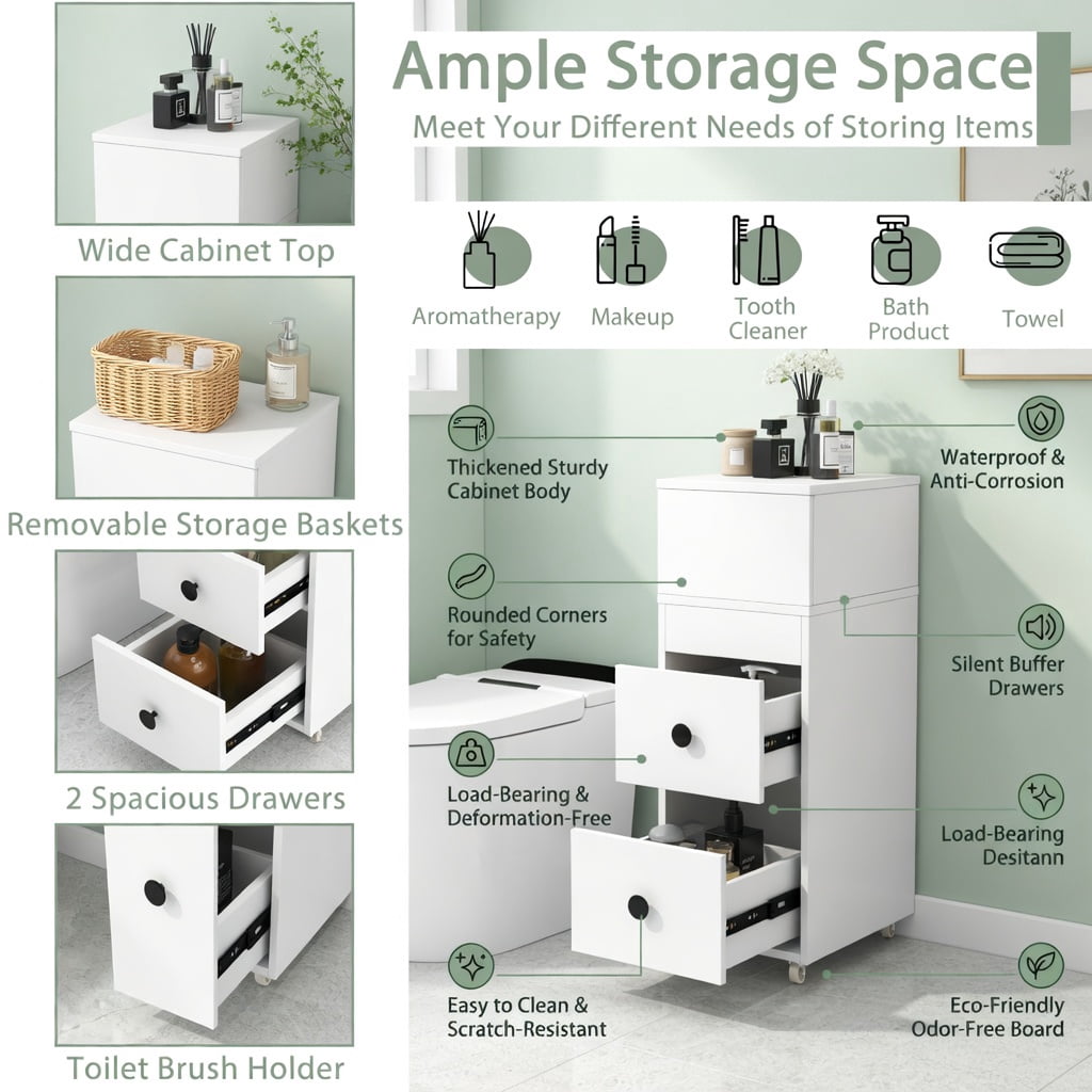 Demi Bonn Bathroom Storage Cabinet, Bathroom Floor Cabinet, Slim Bathroom Cabinet Wooden Toilet Organizer with Deep Slide Out Drawers, for Bathroom, Living Room, Bedroom, Kitchen, White