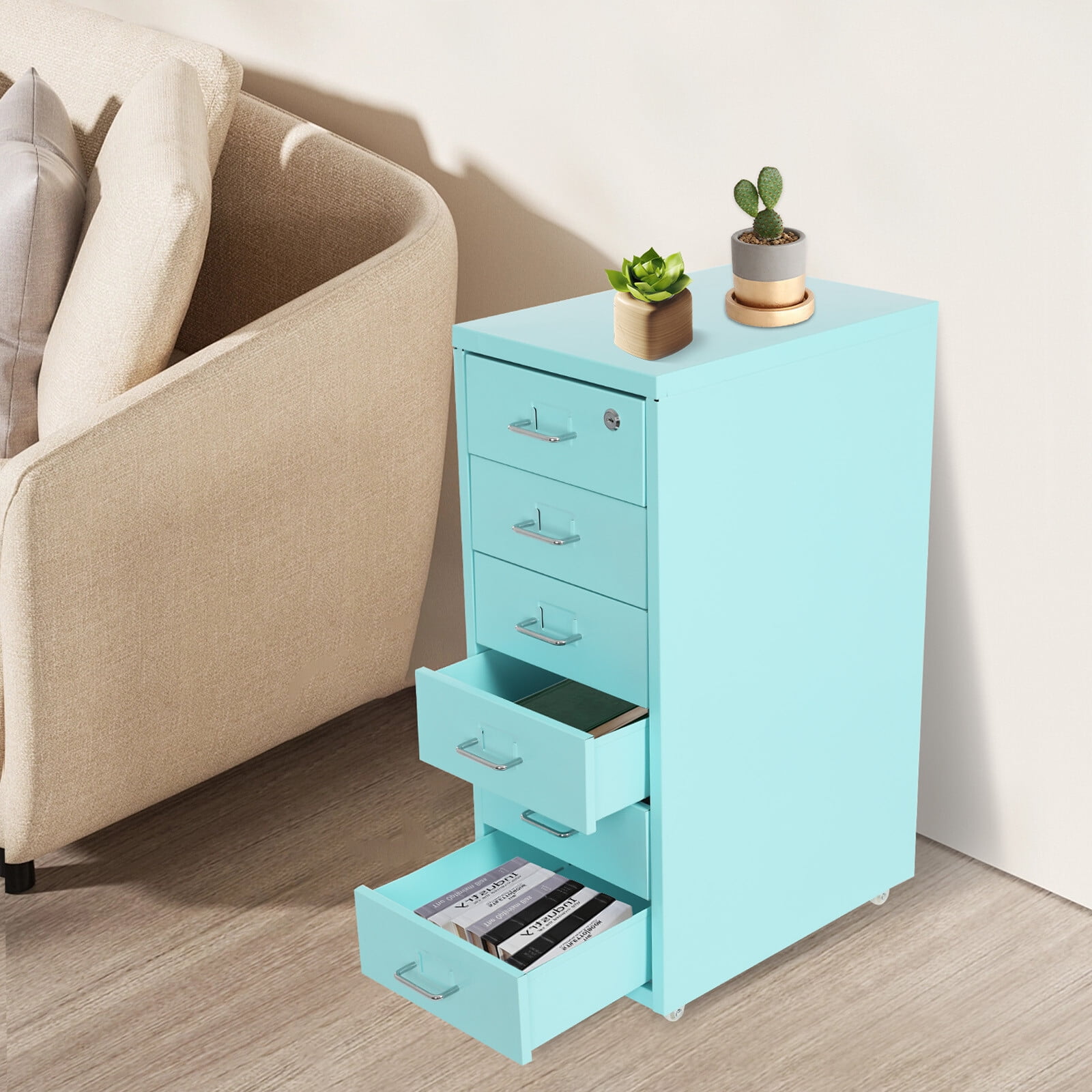 6-Tier 28*41*69cm Metal File Cabinet Home Office Freestanding Vertical File Cabinet Lockable with Curved Handle