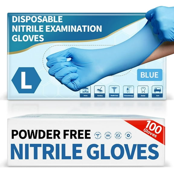 Medical Blue Nitrile Disposable Exam Gloves, 4.5 Mil 100 Pcs, Chemical Resistant Powder-Free Latex-Free Food-Safe