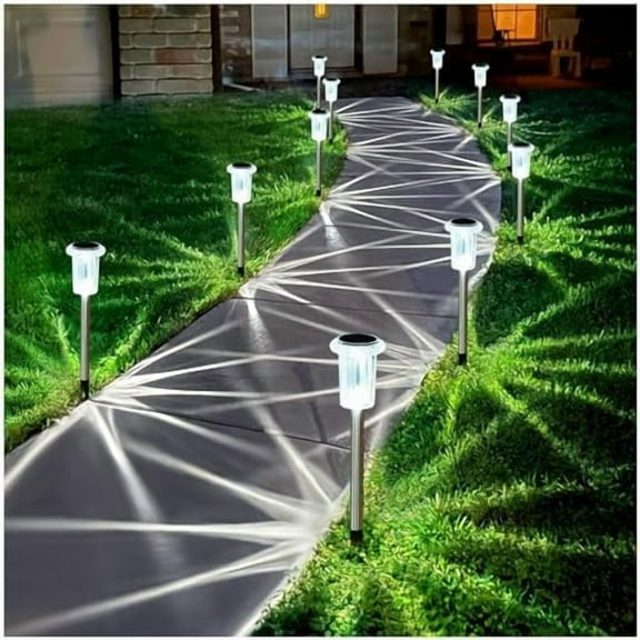 Solar Pathway Lights 10 Pack Christmas Solar Lights Outdoor Waterproof 6000K Cold White Yard Lighting, LED Stainless Steel Stake for Garden Outside Landscape Lawn Driveway Walkway Path