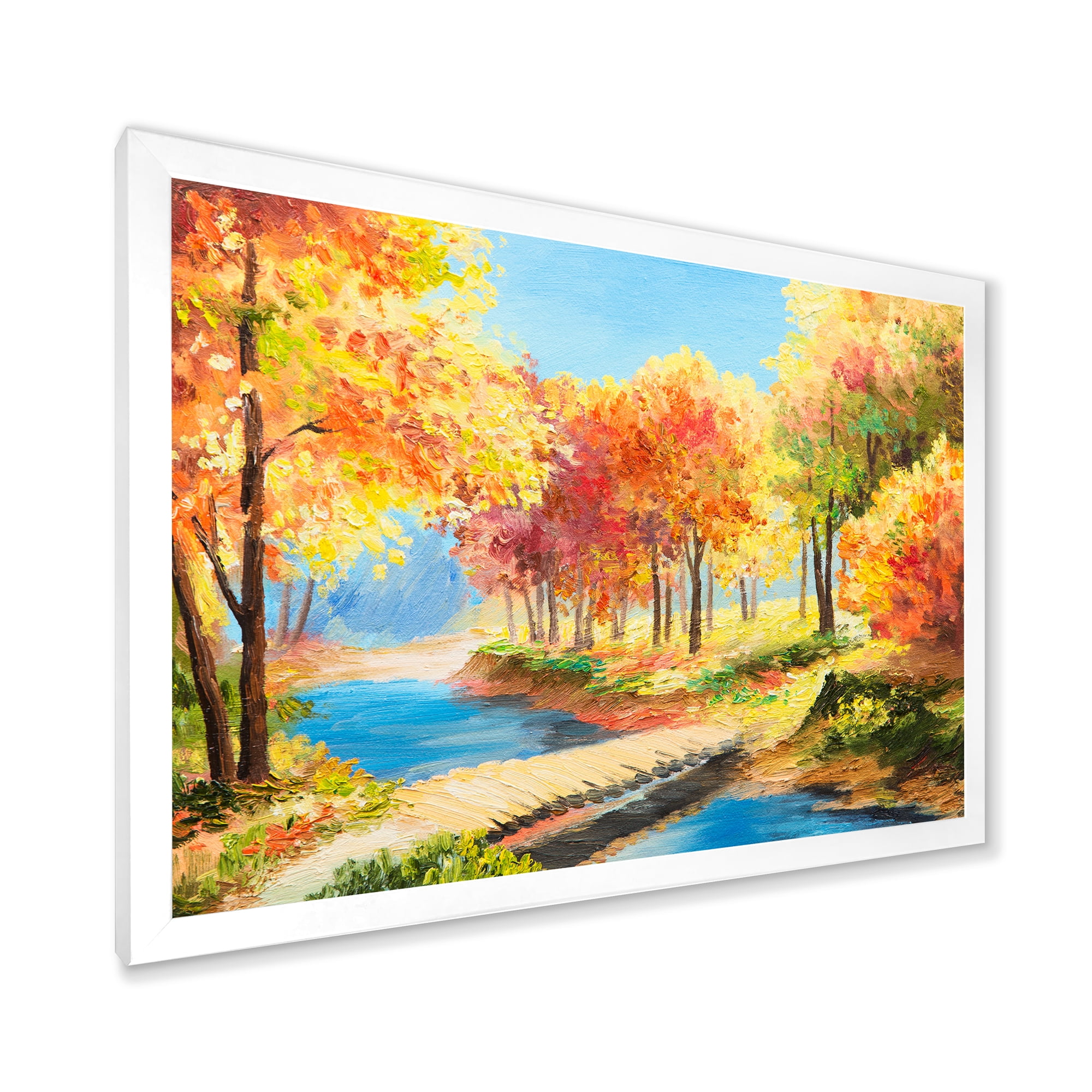Designart 'Orange and Yellow Trees By The Riverside' Lake House Framed Art Print
