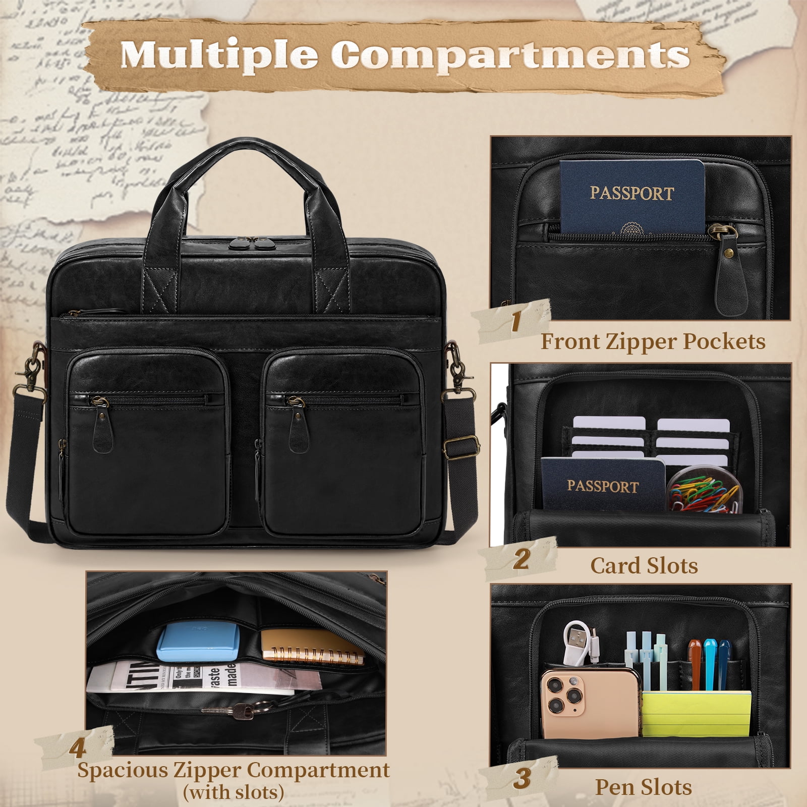 RAINSMORE Vintage Messenger Bag for Men PU Vegan Leather Computer Laptop Bag 15.6 Inch Waterproof Briefcases for Men Retro Mens Briefcase Satchel Bag for Work Office Business Travel,Black
