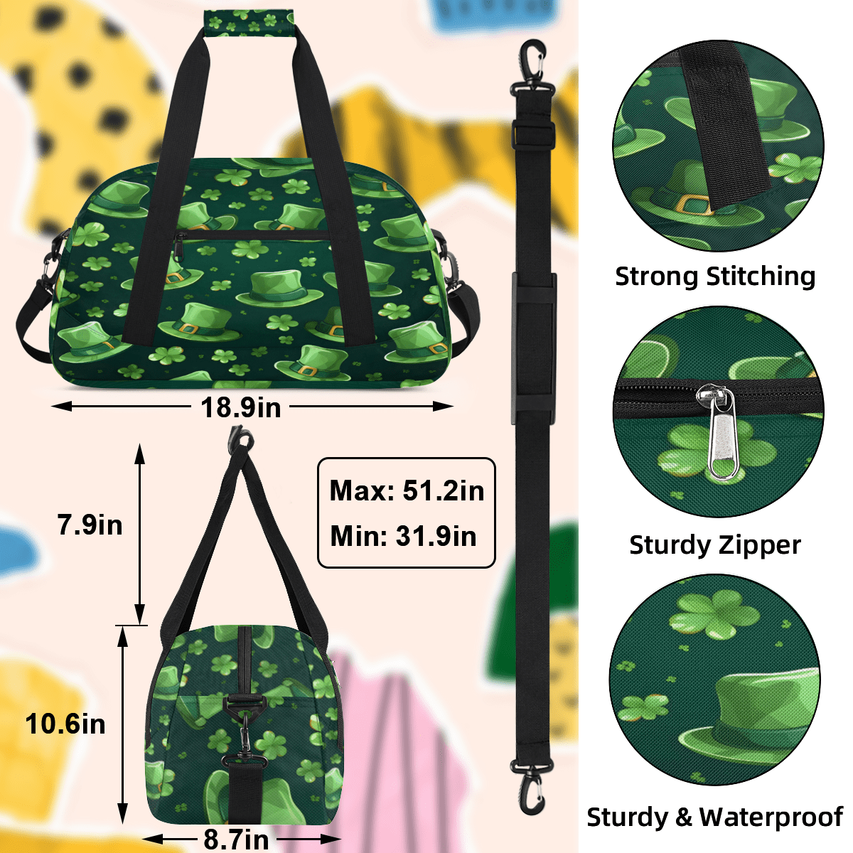 Herdesigns St Patricks Day Shamrock Luck Hat Sports Duffle Bag for Women & Men, Gym Bag Dance Bag Overnight Bag Carry On Weekender Travel Bag