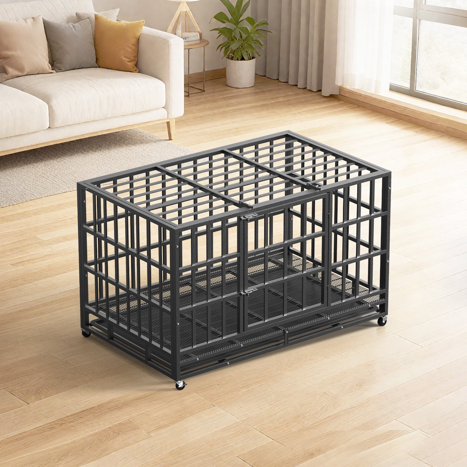 Ironovahome 38" Heavy Duty Dog Crate for Small Dogs, Indestructible Chew-Proof Escape-Proof Steel Dog Cage, Small Dog Kennel with Locking Wheels & Removable Tray for Indoor Use