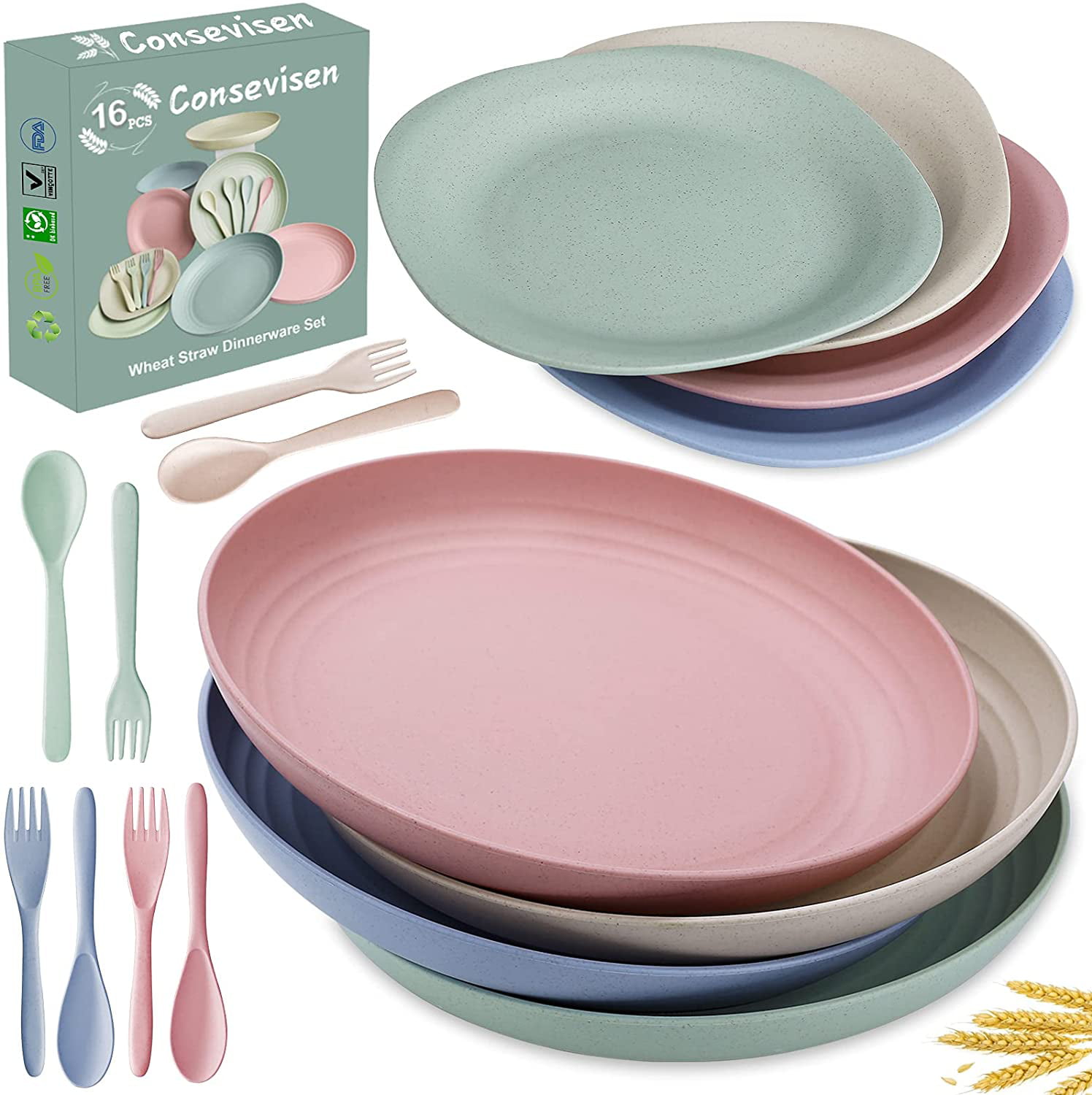 Large 4 Pack 8' CAMBUY Wheat Straw Plates Lightweight Unbreakable Dinner Dishes Plates Set Non-Toxin Dishwasher & Microwave Safe BPA Free and Healthy for Kids Children Toddler & Adult