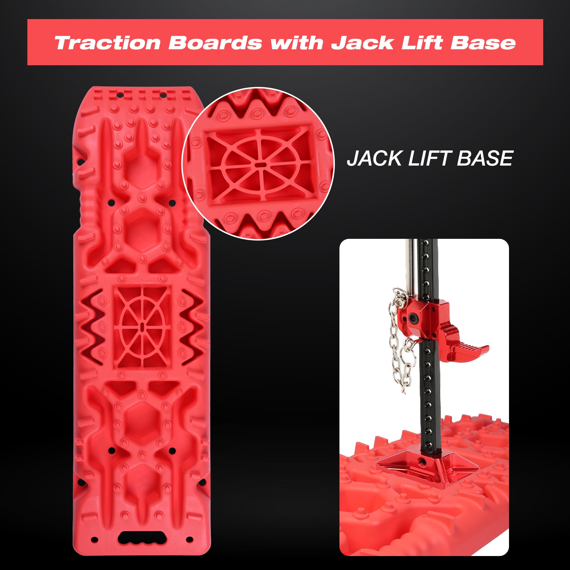 KARMAS PRODUCT 2 Pack Traction Boards with Jack Lift Base,Recovery Track  Traction Mat for 4WD SUV, Jeep Tire Traction Tool Suitable for Mud, Sand,  Snow, Ice Red 