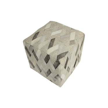 Geometric Leather & Wool Pouf Owen, Grey (18"x18"x18")