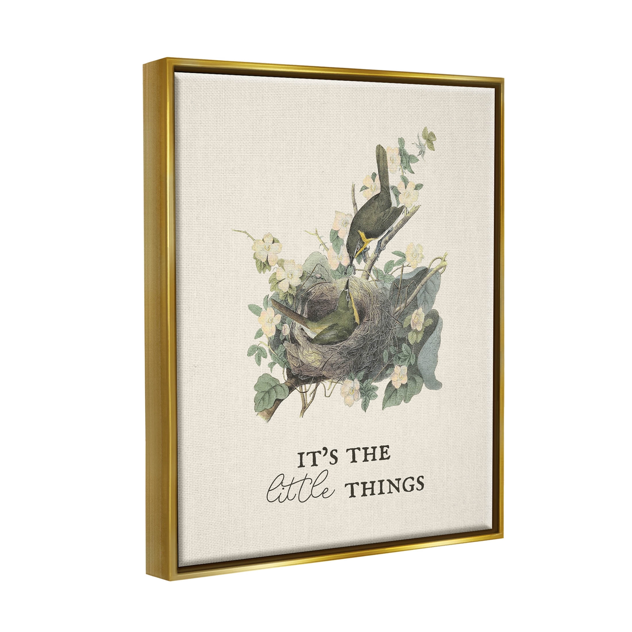 Stupell Industries It's The Little Things Bird Nest Graphic Art Metallic Gold Floating Framed Canvas Print Wall Art, Design by Lil' Rue