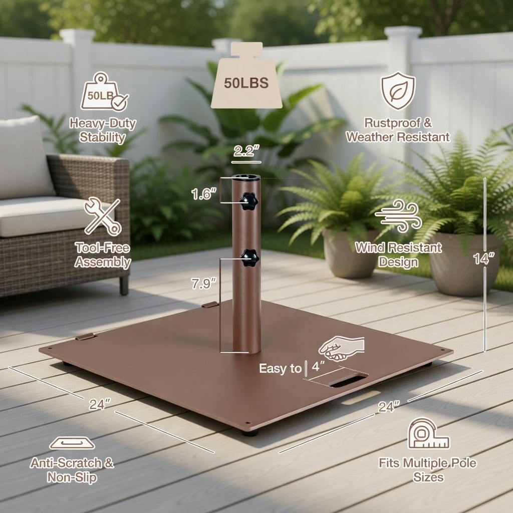 Resenkos Outdoor Umbrella Base, 50 LBS Weighted 24 Inch Square Patio Umbrella Base, Black