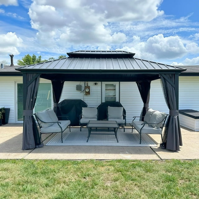 PURPLE LEAF Pavillon à Toit Rigide Permanent 10 Pieds x 14 Pieds, Cadre en Aluminium, avec Double Toit en Acier Galvanisé, Résistant aux UV pour Cour, Terrasse, Pelouse et Jardin, Moustiquaire et Rideaux Inclus - Gris