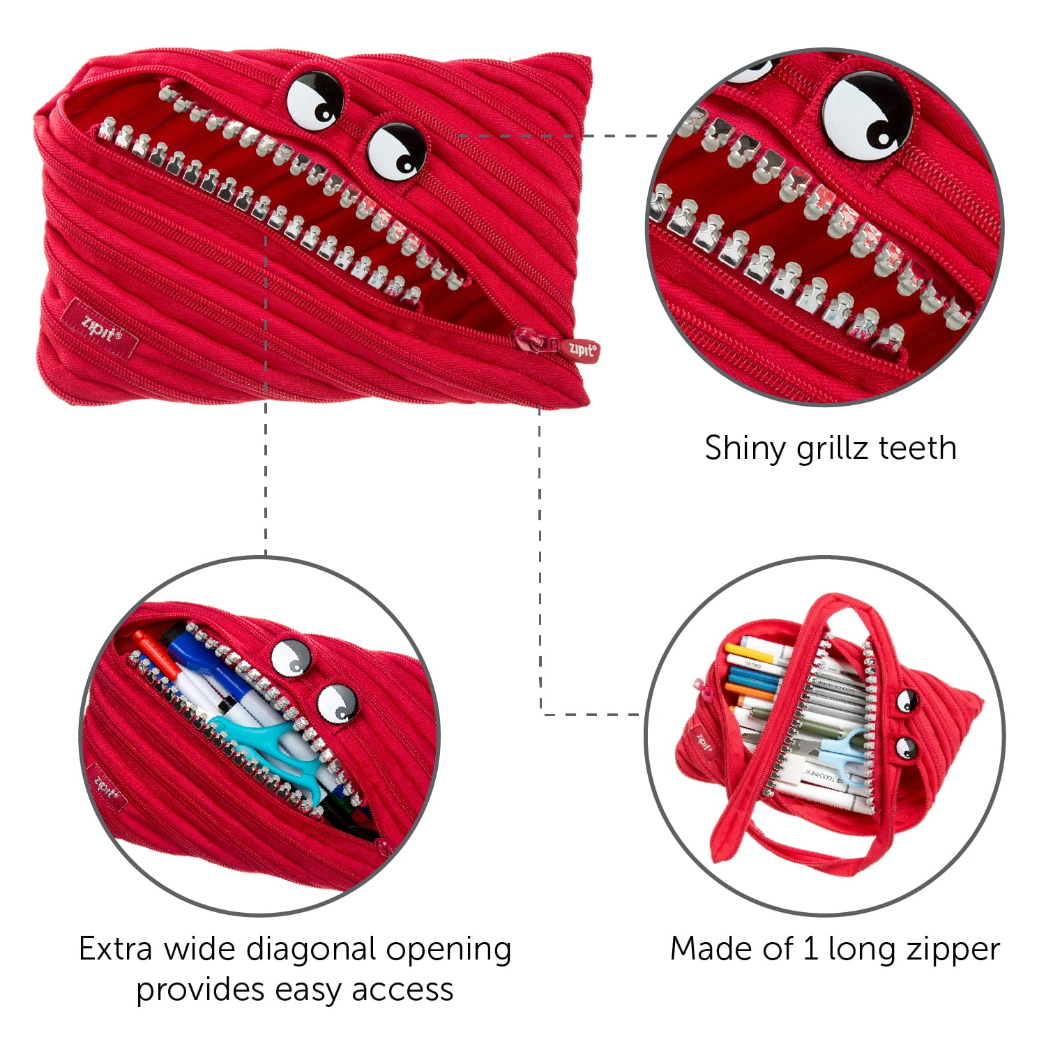 ZIPIT Grillz Large Pencil Case, Holds up to 60 Pens, Made of One Long Zipper! (Red)