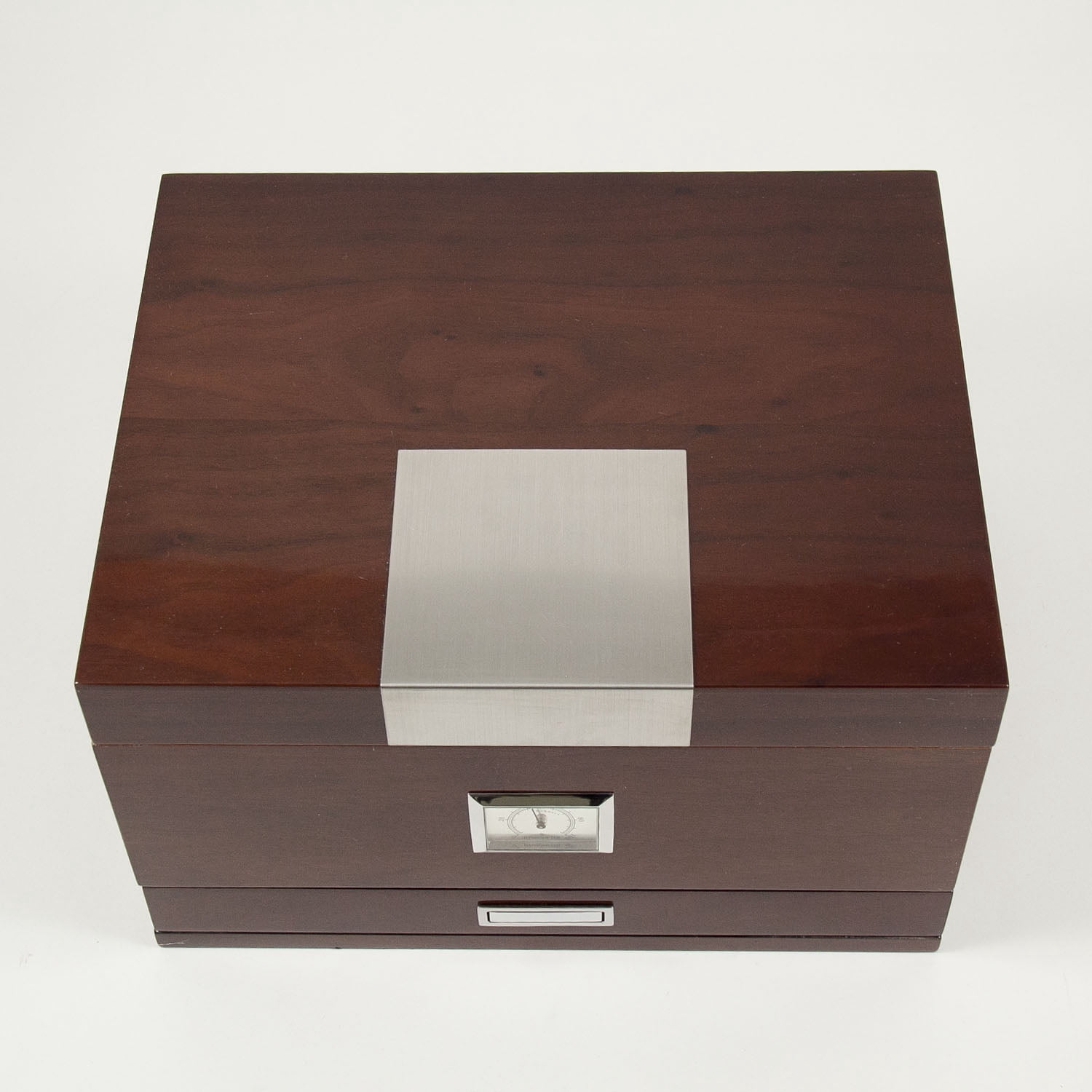 Lacquered "Walnut" Wood 60 Cigar Humidor with Spanish Cedar Lining and Accessory Drawer. Includes Humidistat and External Hygrometer.