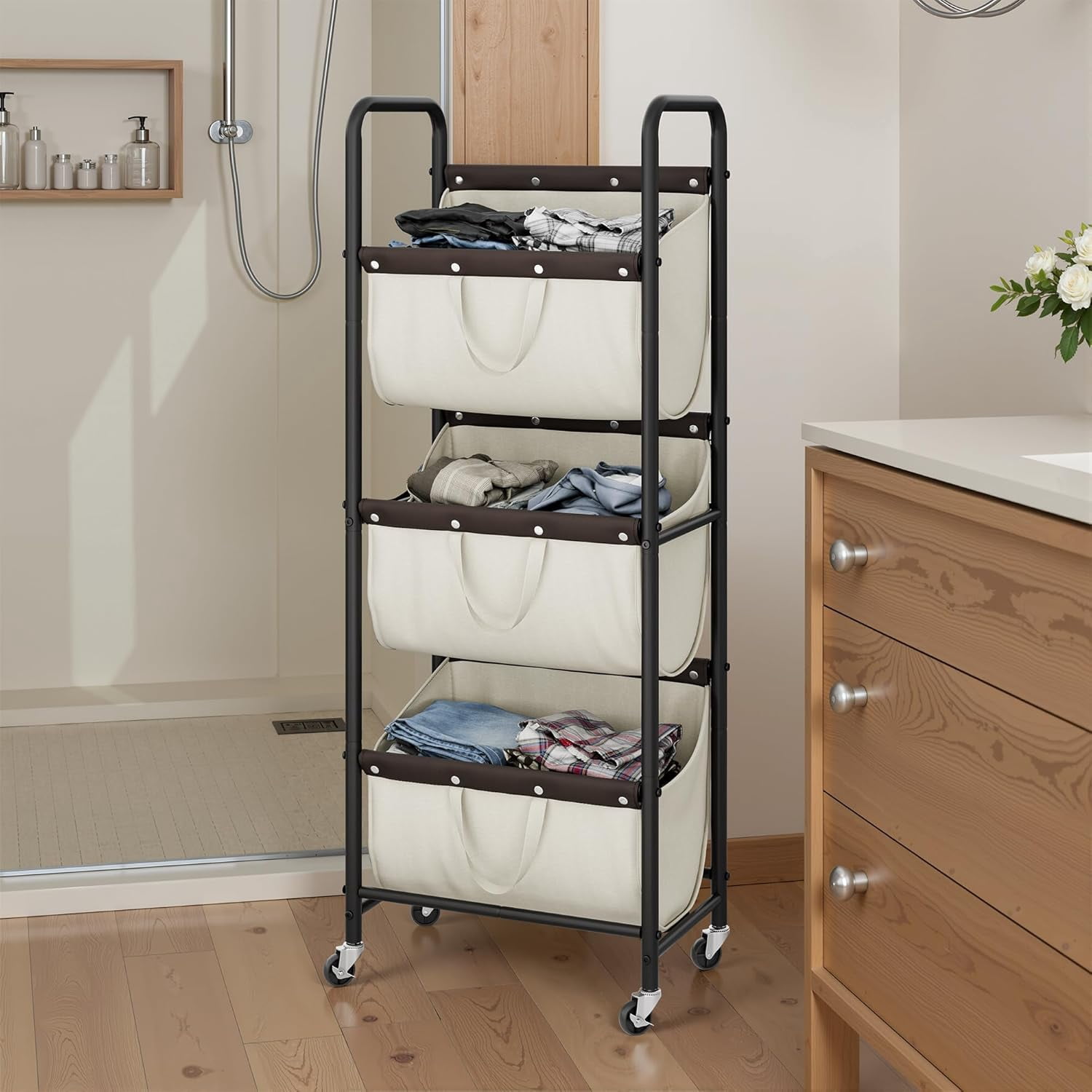 GRANNY SAYS 3-Tier Laundry Basket with Wheels, 120L Rolling Laundry Hamper Sorter, 3 Section Metal Frame Laundry Organizer, Removable Bags, Beige