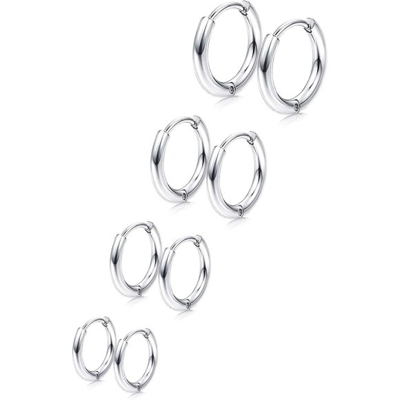 LAICAIW 4 Pairs 316L Surgical Stainless Steel Huggie Hoop Earrings 8mm/10mm/11mm/12mm/14mm Hypoallergenic Earrings Hoop Cartilage Helix Lobes Hinged Sleeper Earrings for Men Women