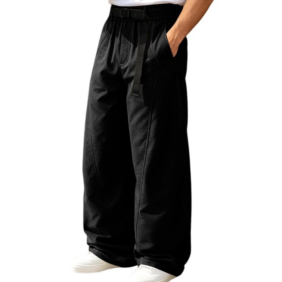 JUUYY Men's Wide Leg Cargo Pants with Pockets Loose Fit Adjustable Elastic Waist Straight Leg Casual Outdoor Long Pants Streetwear Black L