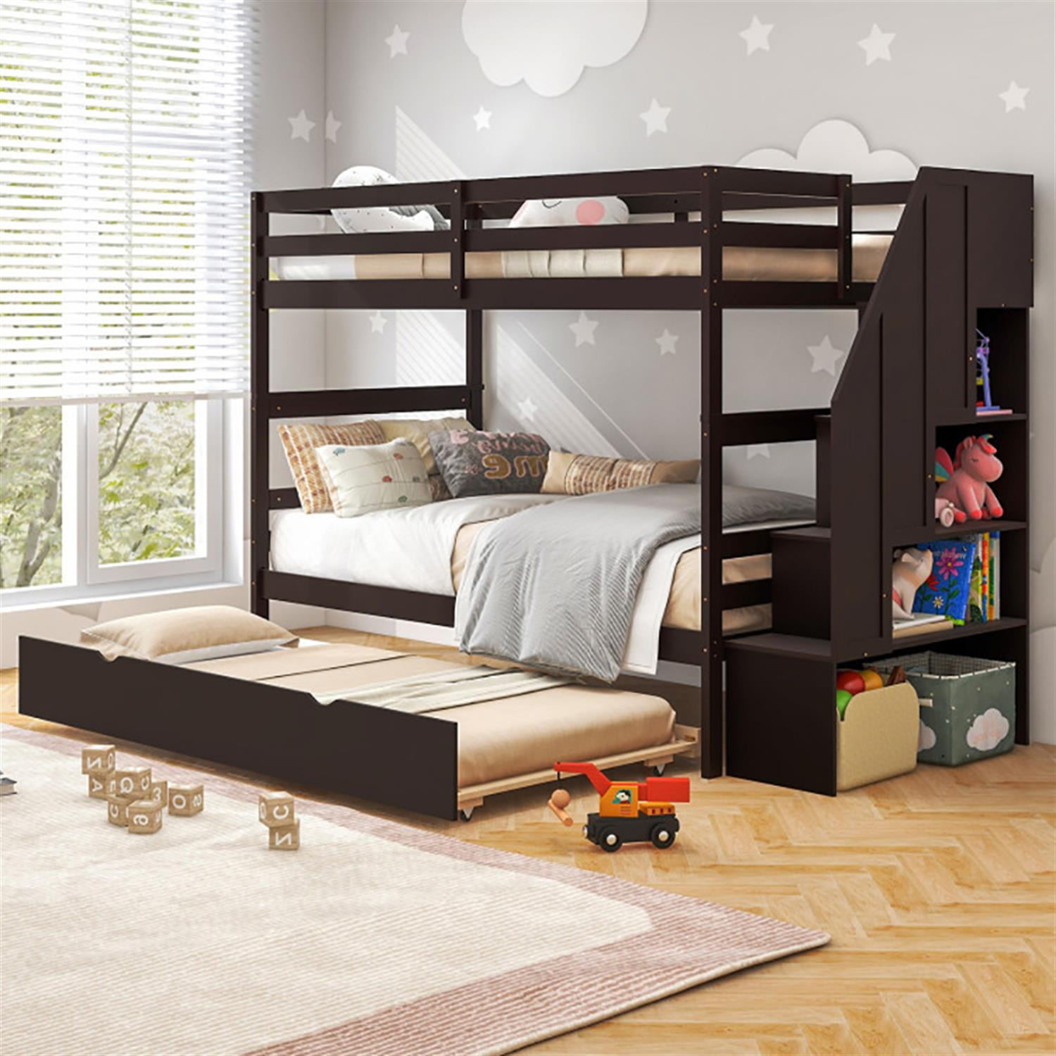 Demi Bonn Home Wood Bunk Bed with Guard Rail and 4-step Storage Stairs, Twin Bunk Beds, No Box Spring Needed, Brown