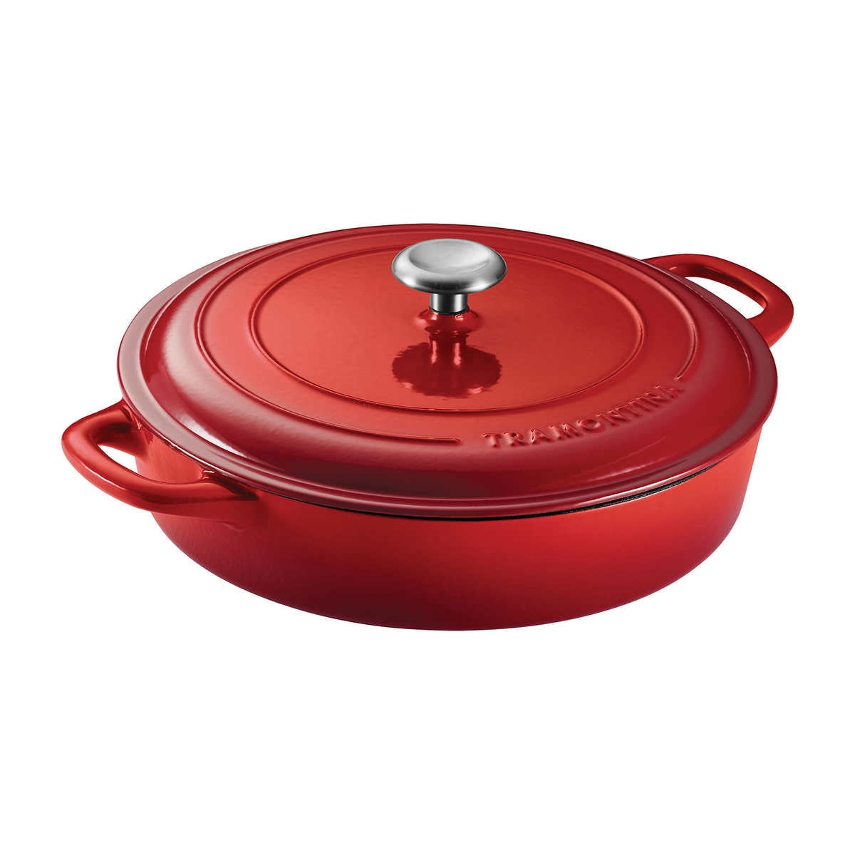 Oven-Safe Braising Pan 4 Qt Red Cast-Iron Round Tilting Skillet Lid Included 