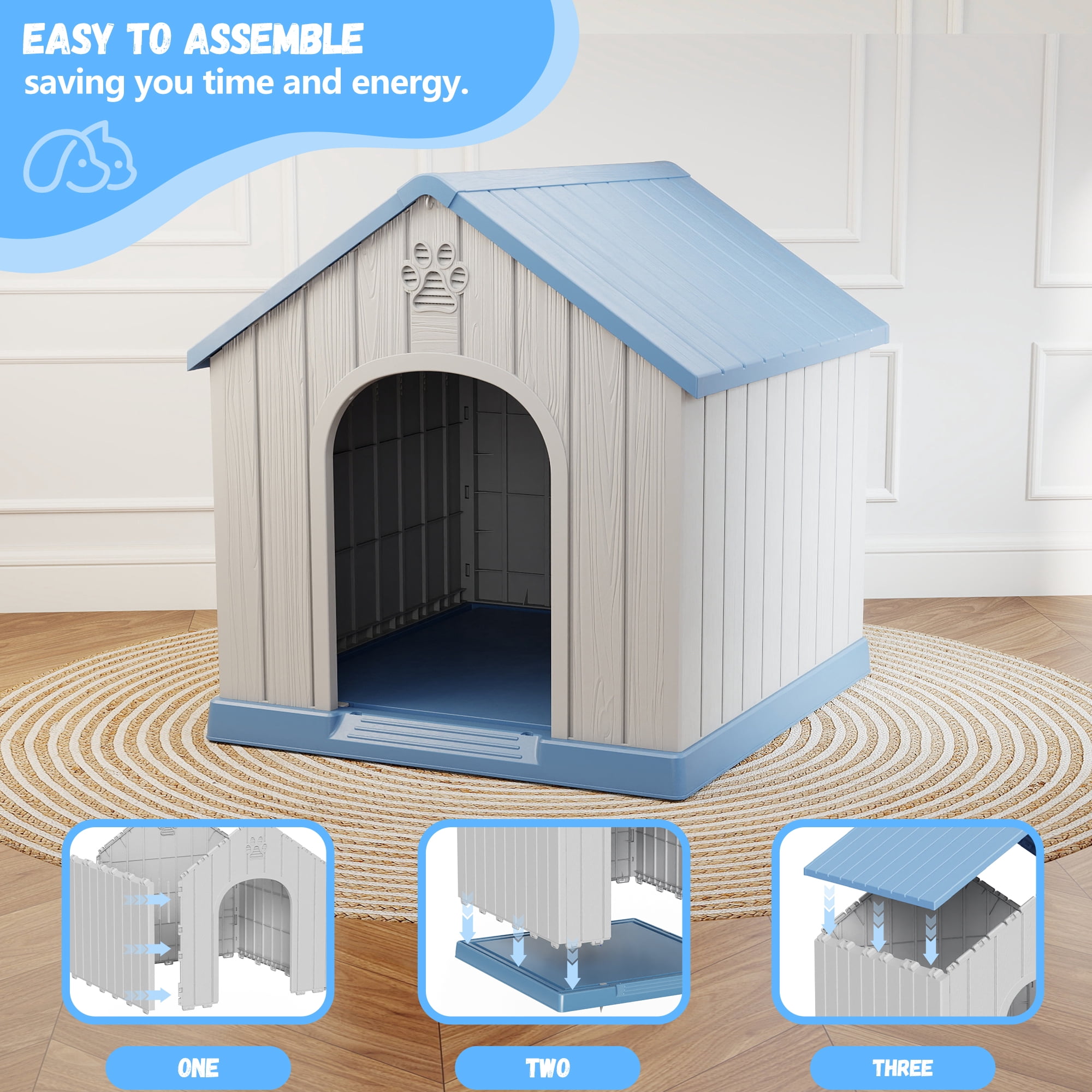 FICARTS Indoor/Outdoor Weather-Resistant Dog House, Elevated Pet Shelter with Sloped Roof & Ventilation, Durable Dog Kennel for Medium to Large Dogs