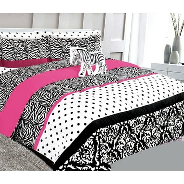 Bedding set full size 8pc zebra pink complete bed in bag comforter with plushie toy friend and matching sheet set for kids bedroom décor for girls boys