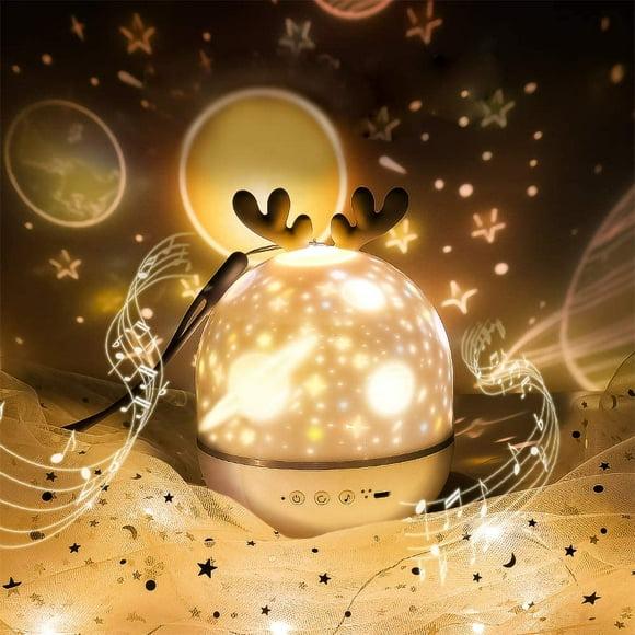 Lampe de projecteur étoilée avec télécommande,Elfe mignon projection avec minuterie rotative et télécommande intégrée 8 chansons de chargement USB cadeaux pour garçons, filles (gris)
