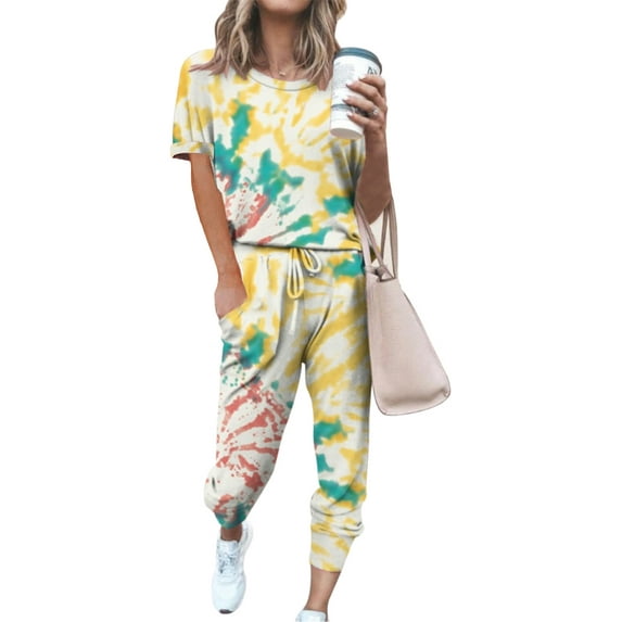 2 Pcs Tie Dye Tracksuit High Waist Sports Pants Long Sleeve and Pants Set Sport Outfits Active Fitness Yoga Set Sweatsuit Workout Athlestic Sport Suit Jogging Suit Womens Activewear Sweatpants
