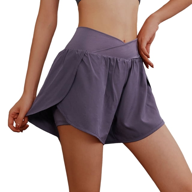Pantalones cortos deportivos de entrenamiento para mujer - Cintura alta, doble capa con braguita interior, abertura lateral, bolsillos con cremallera, nailon y spandex, tallas S-XXL