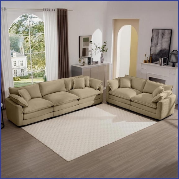 Modern Retro 2-Piece 2-Seater Living Room Sofa Set - Tan Corduroy with Deep Seat Memory Foam | Corduroy | Cushion Back | Square Arms