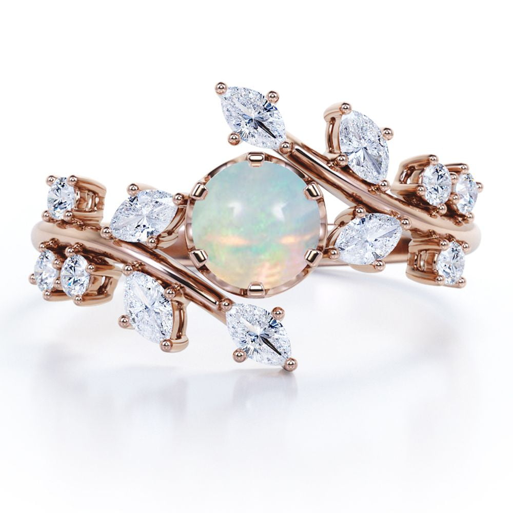 JeenMata 0.75 Carat Round Cut Mexican Opal And Moissanite - Cathedral Tension Set - Nature Inspired Engagement Ring - 18K Rose Gold Plating Over Silver