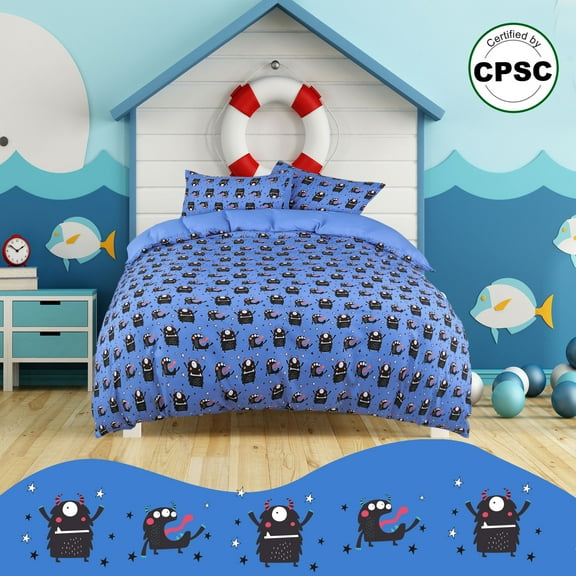 PiccoCasa 3 Piece Polyester Kids Duvet Cover Set Monsters Pattern Full Navy Blue
