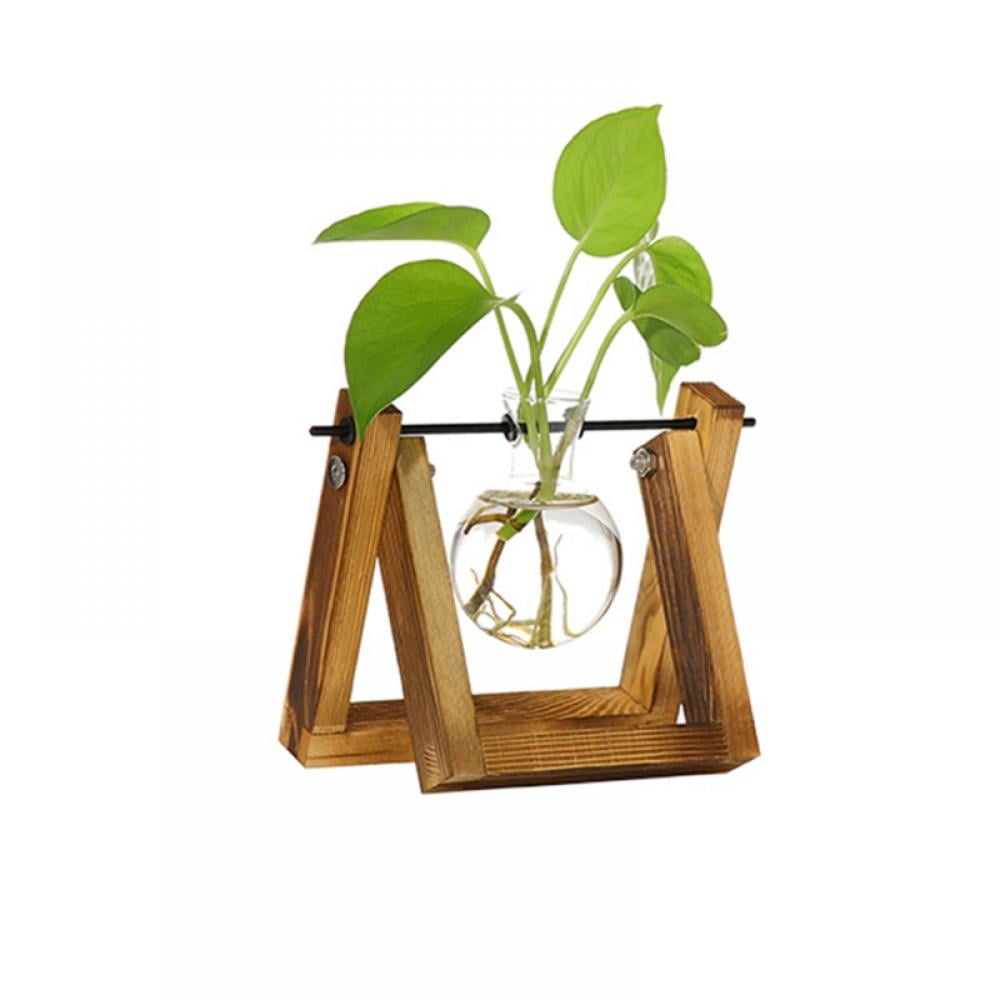 FYCONE Desktop Glass Planter Bulb Vase Transparent Vase with Retro Solid Wooden Stand for