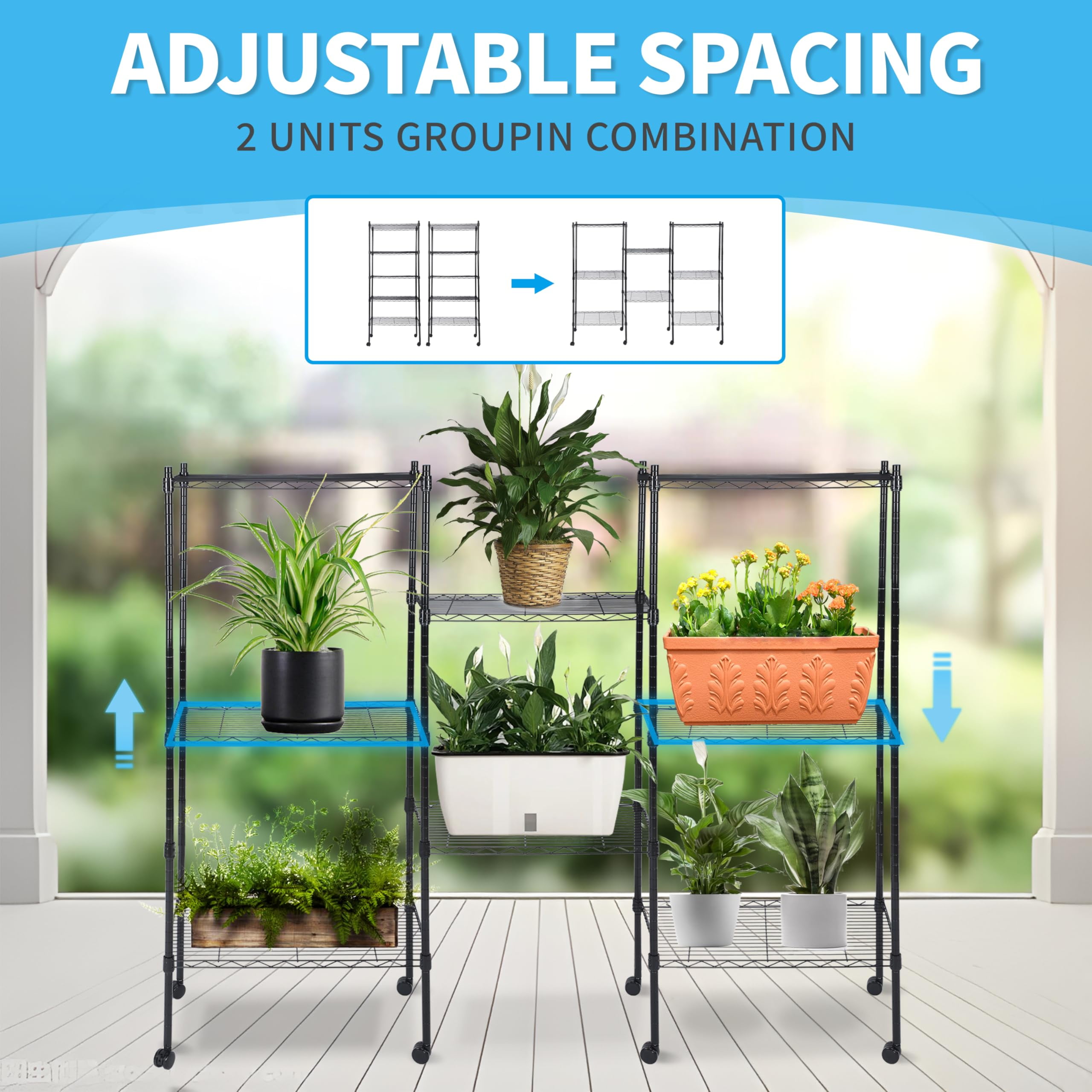 5-Tier Shelving Units Adjustable,Wire Shelf with 1000 lbs Capacity with Wheels & Leveling Feet,Black