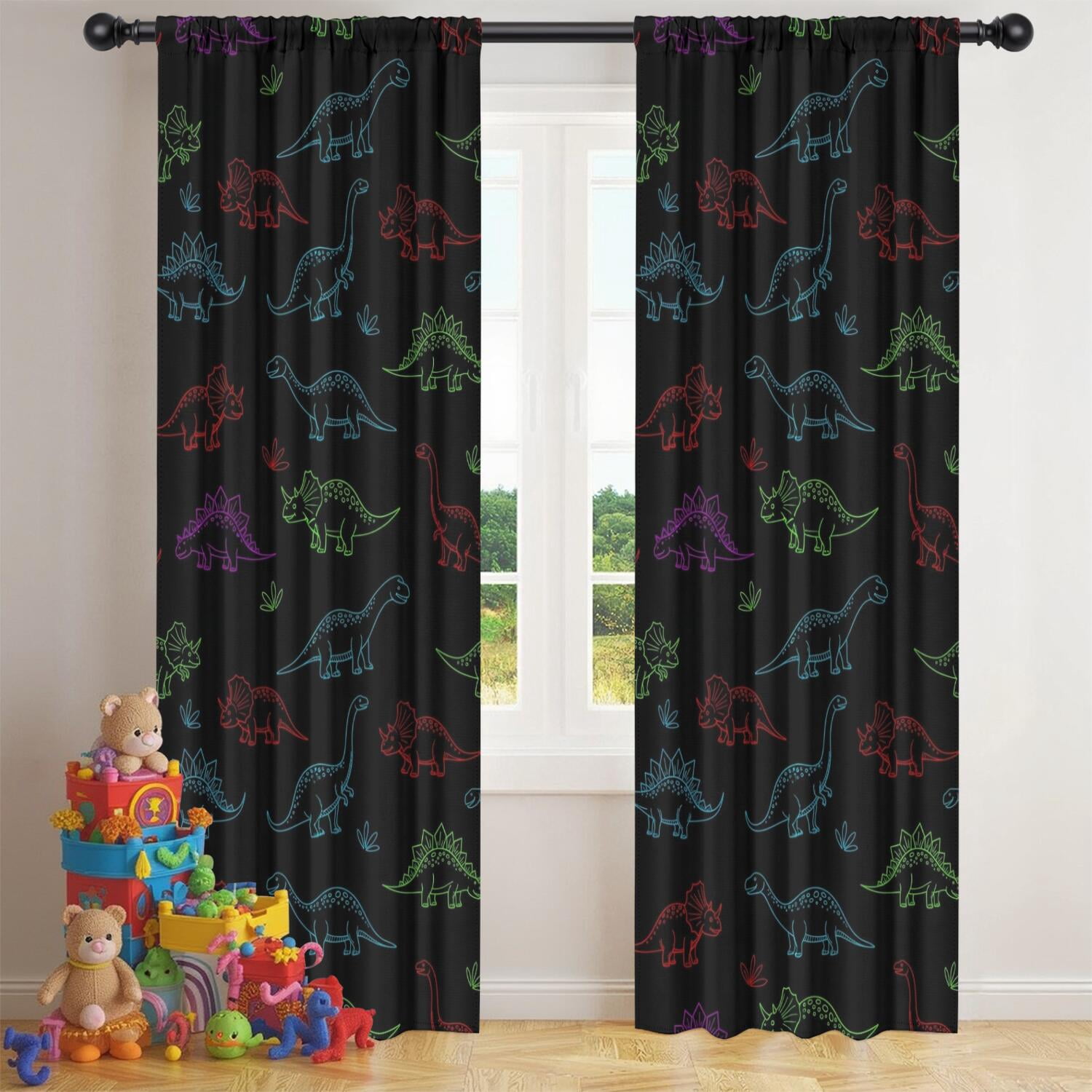 Blackout Kids Curtains,Neon Outline Dinosaurs Childrens Insulated Curtains Set Of 2,Bedroom Essentials,Toddler Room Decor 42"x84"
