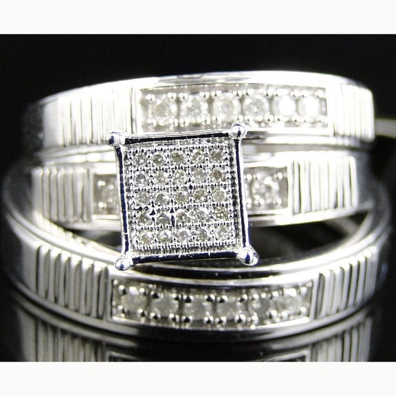 Diastar Jewels Round Cut Cubic Zirconia 14K White Gold Finish Wedding Trio Ring Set His & Hers
