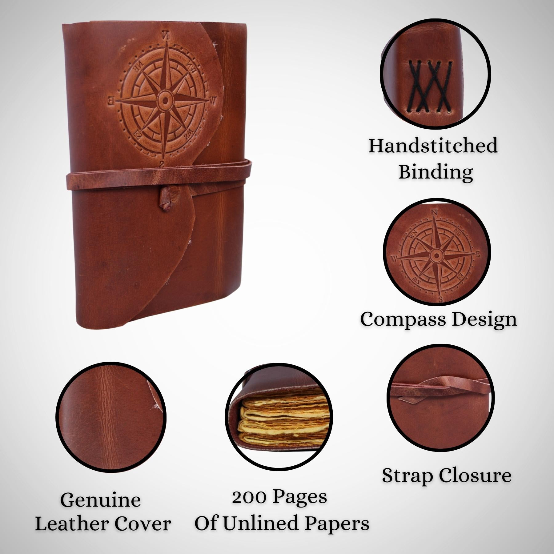Compass Embossed Handmade Leather Diary Bound Writing Journal Notebook Diary Notepad Unlined Blank Paper Brown Sketchbook Drawing Journal