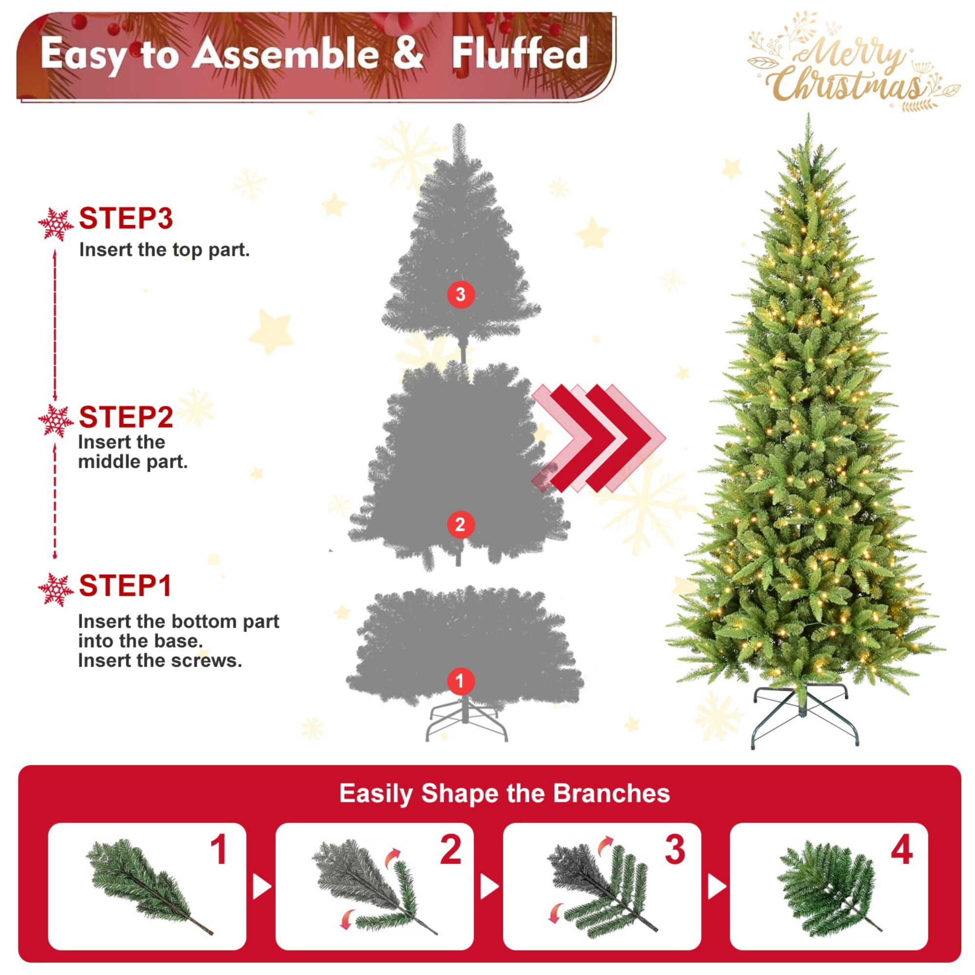 DEALTOPS 6 FT Pre-Lit Slim Christmas Tree with 300 Warm White LED Lights and 850 Realistic PE/PVC Tips
