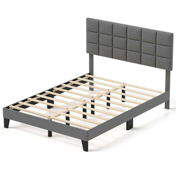 Costway Cadre de Lit Format Grand Moderne en Tissu de Lin, Lit Plateforme Rembourré avec Tête de Lit