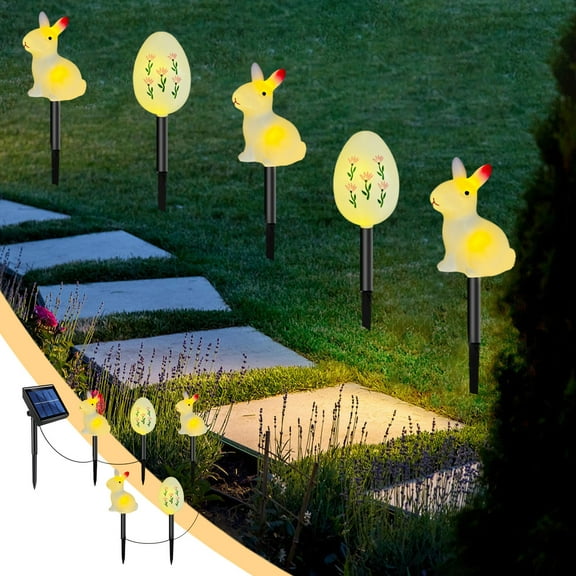 Upgraded 5-Pack Solar Easter Egg Stake Lights for Easter Decorations, Outdoor Waterproof Solar Easter Yard Stake Easter Lighted Egg Lights for Garden Patio Yard Pathway Lawn Decor (Rabbit Egg Carrot)