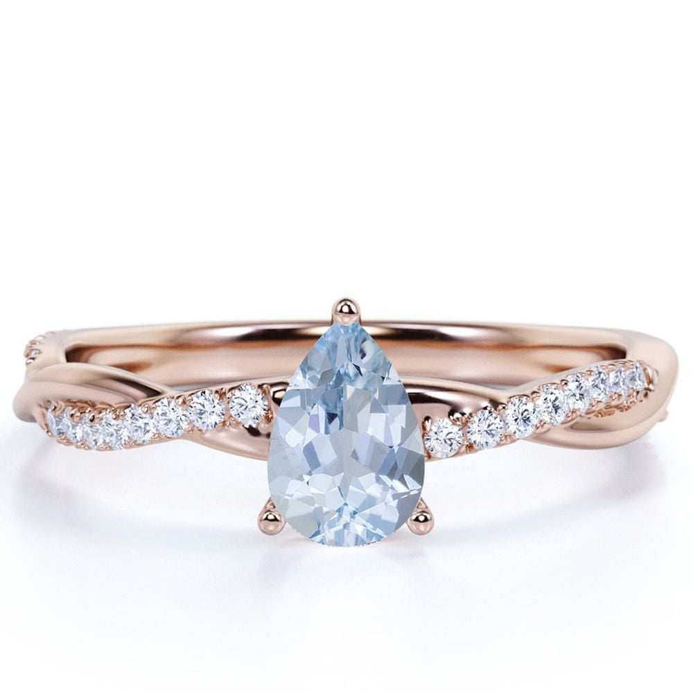 JeenMata 1 Carat Pear Shaped Created Aquamarine Eternity Ring in 18k Rose Gold over Silver