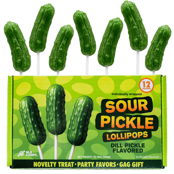 Sour Pickle Lollipops, Tangy Dill Hard Candy Pops, Individually Wrapped, 12 Count, 14.2oz