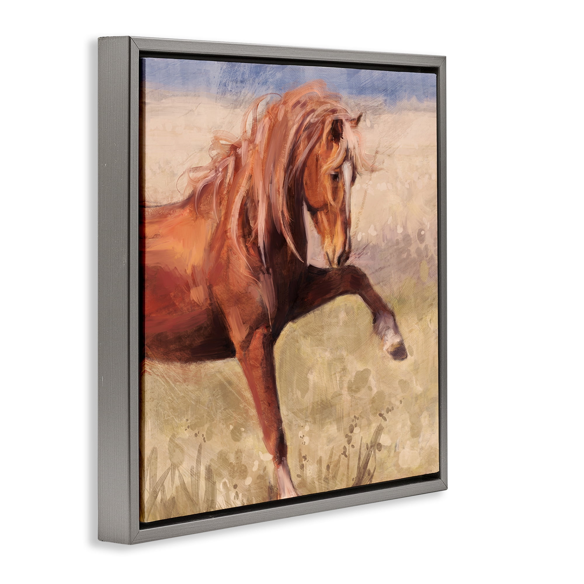 Stupell Industries The Red Stallion Portrait Animals & Insects Painting Gray Floater Framed Canvas Art Print Wall Art, 18 x 18