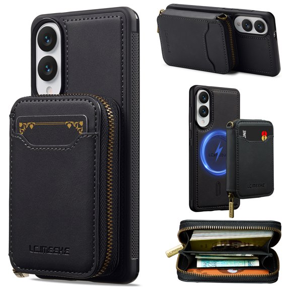 2-in-1 Wallet Case for Samsung Galaxy S25 Edge, PU Leather TPU Cover with Detachable Magnetic Zipper Card Bag, Retro Shockproof Classic Rugged Protective Phone Case, Black