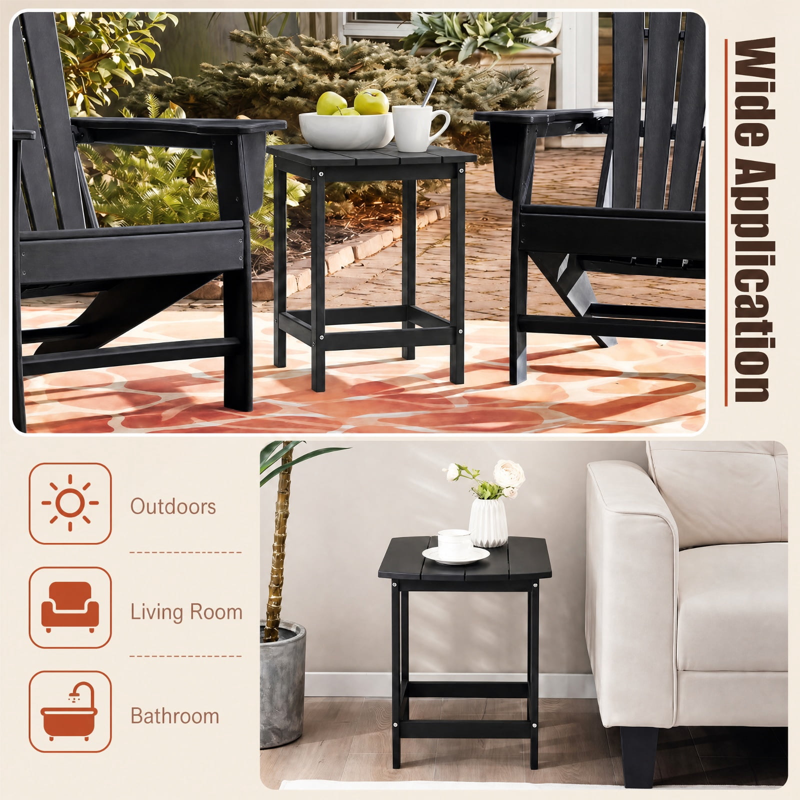 Biotree 18 Inch Weather Resistant Side Table Outdoor, HDPE Patio End Table with Large Top and 200 lbs Capacity for Garden Yard Adirondack Chair, Black