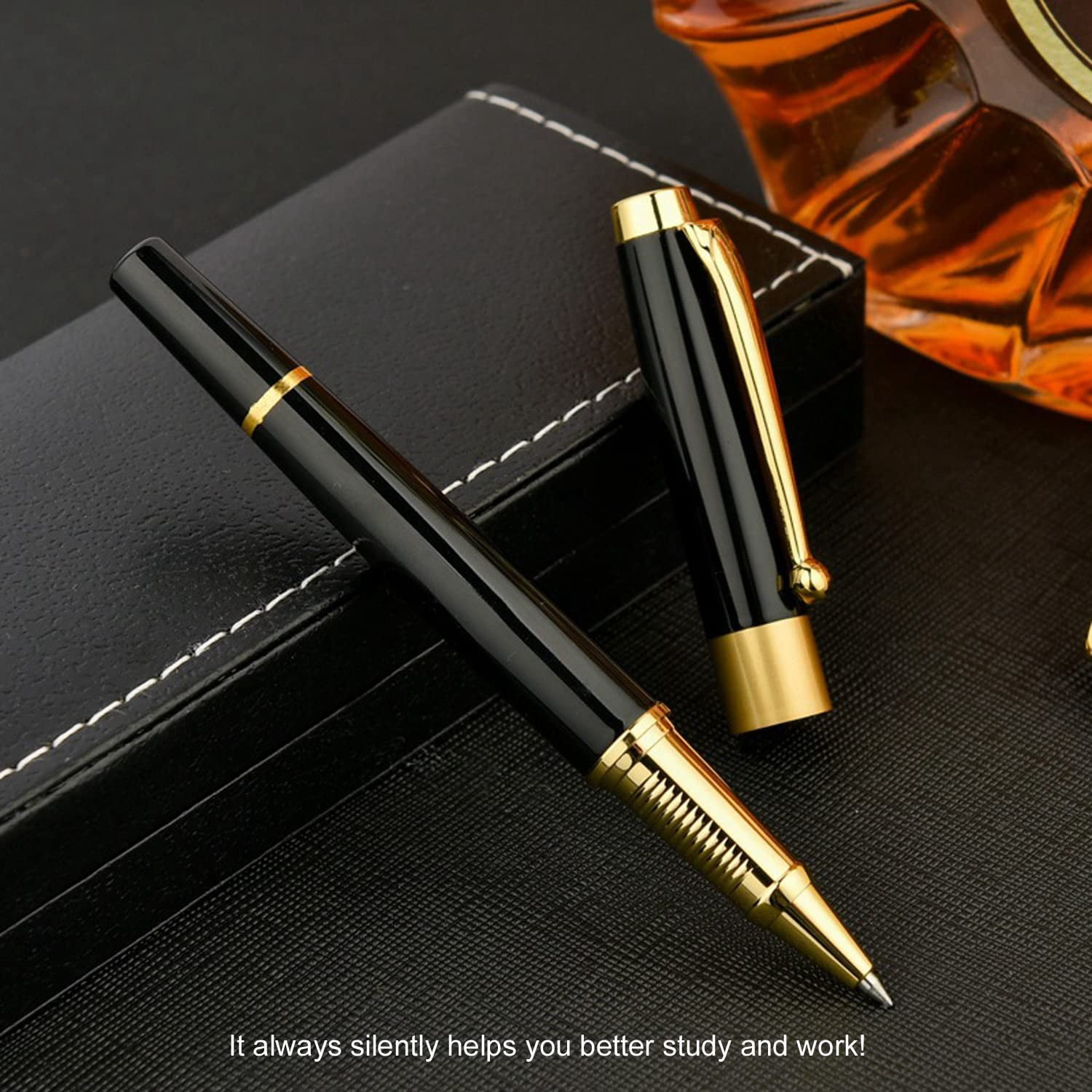 Ballpoint Pen Black Refill Luxury Line Width 0.5mm Ball Gift Set For Men & Women Professional Executive Office Nice Ballpens Classy Box (2 Black)